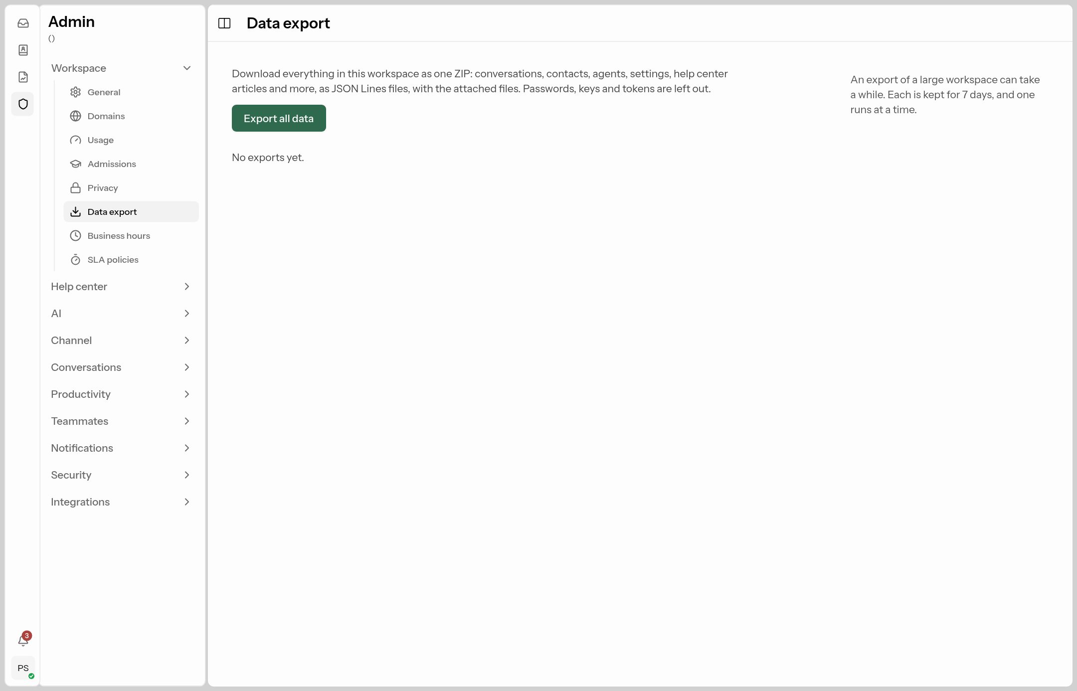 The data export page