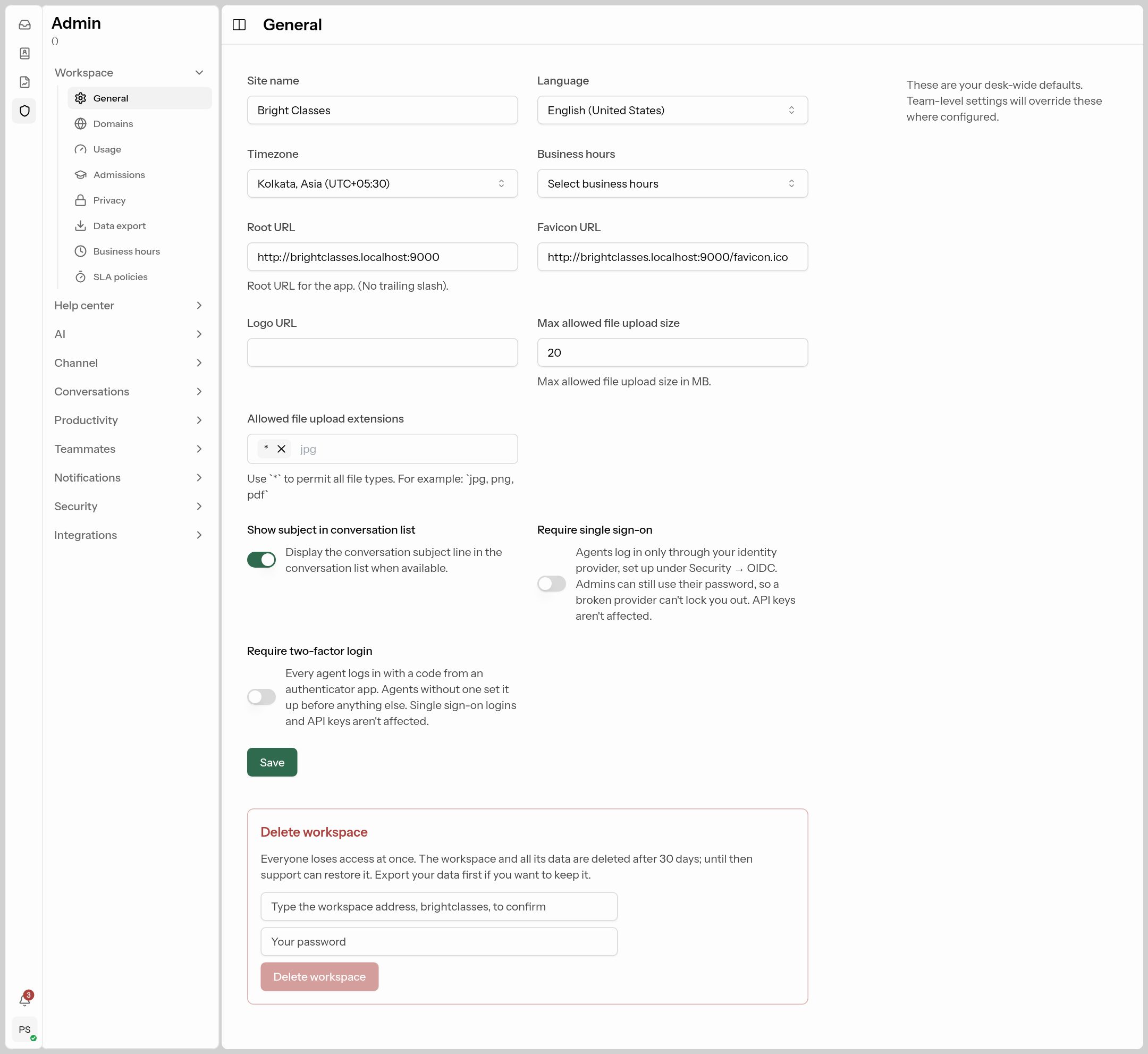 The General settings page