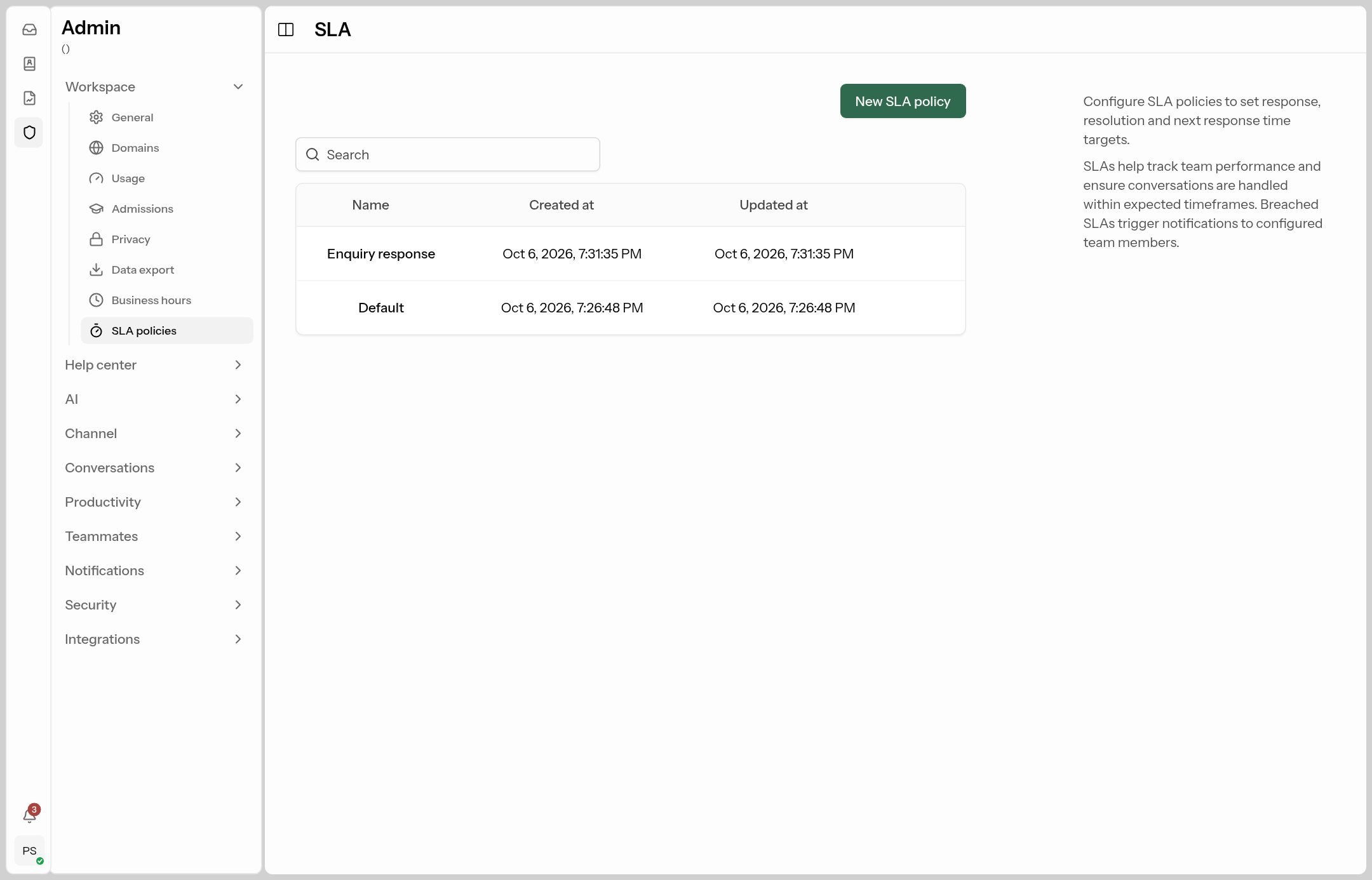 SLA policies list