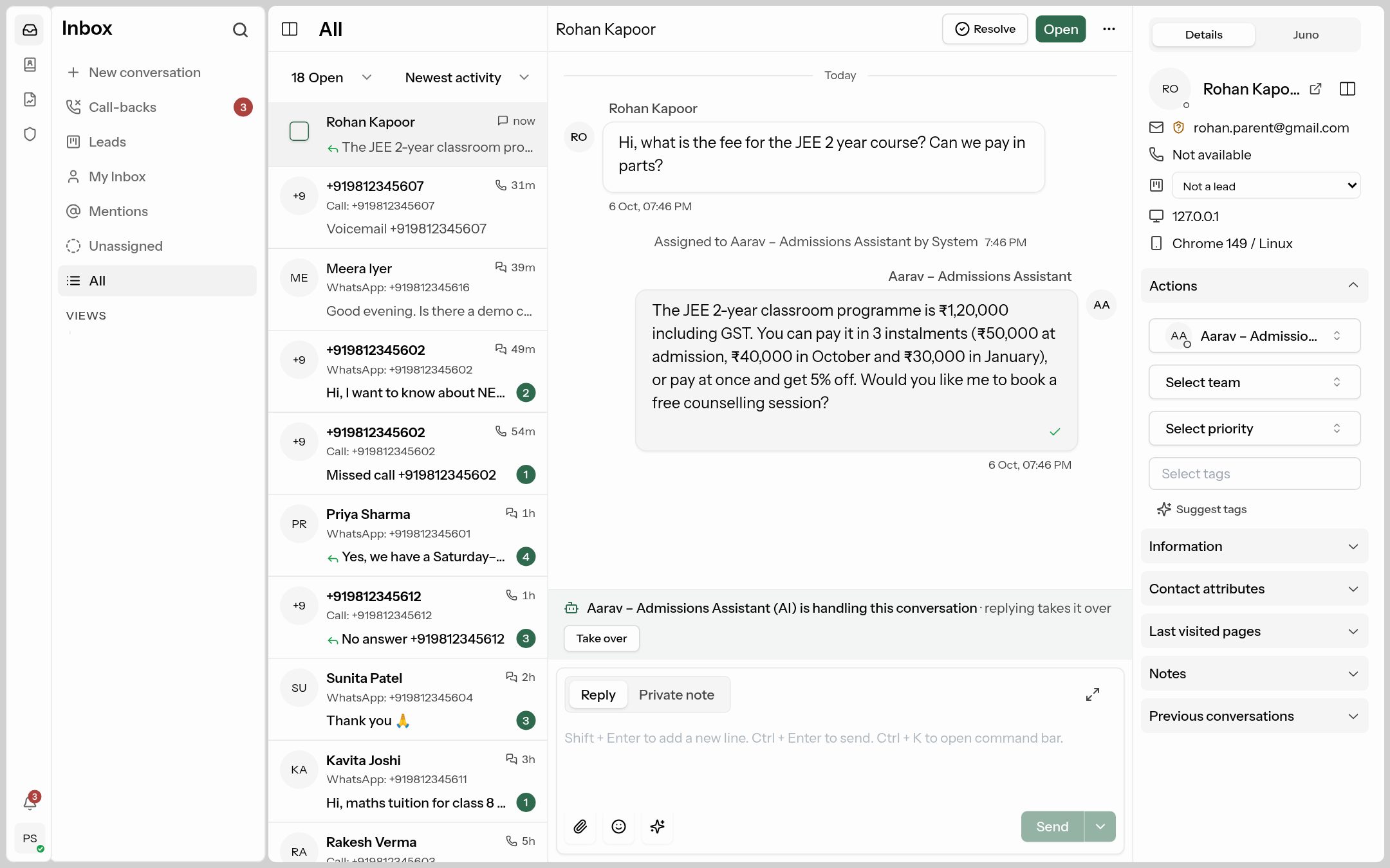 The ConectDesk inbox with an AI assistant answering a parent on website chat