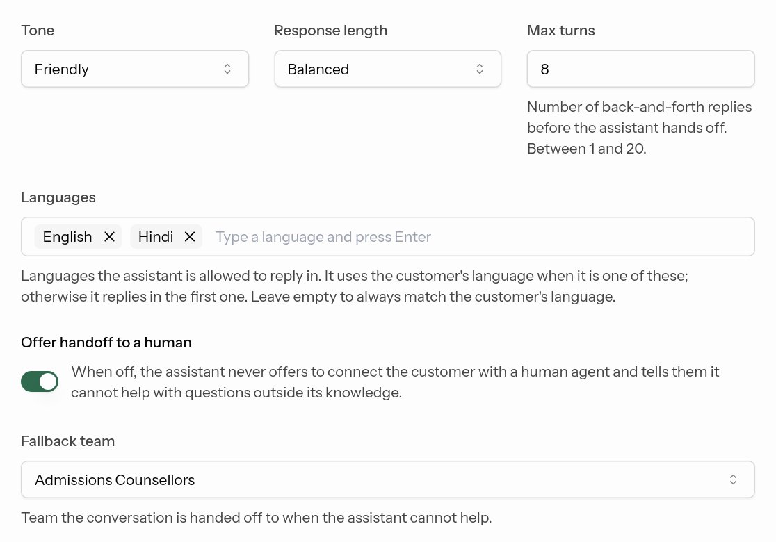 Tone, response length, max turns, languages, handoff and fallback team