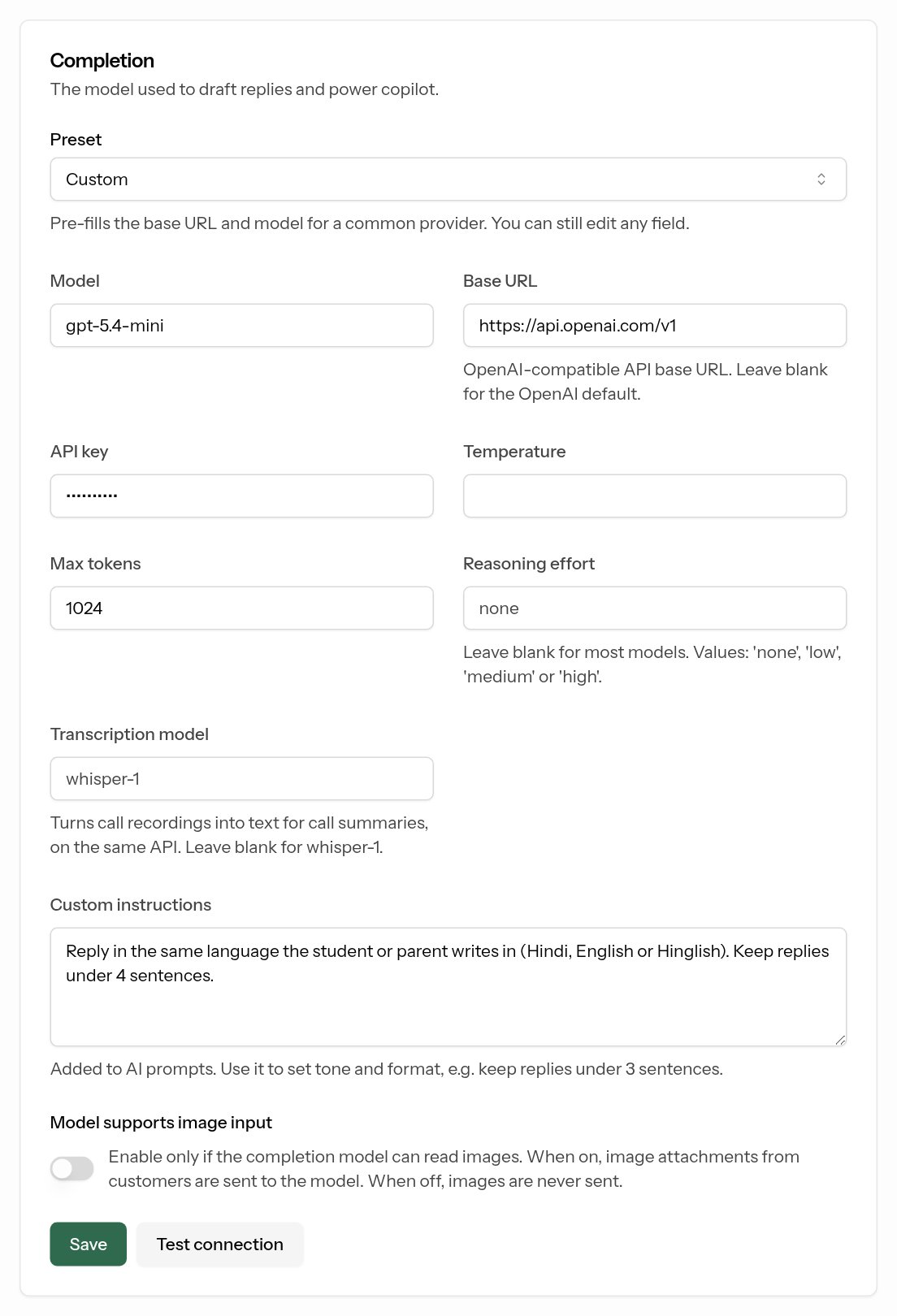 The Completion card filled in for OpenAI