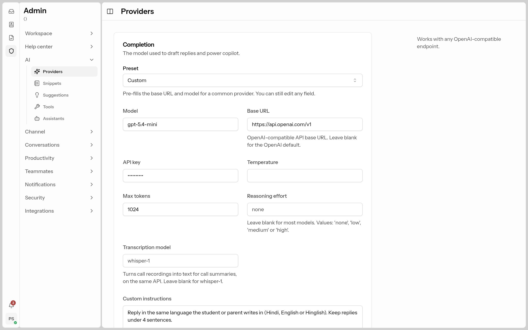 The AI Providers page