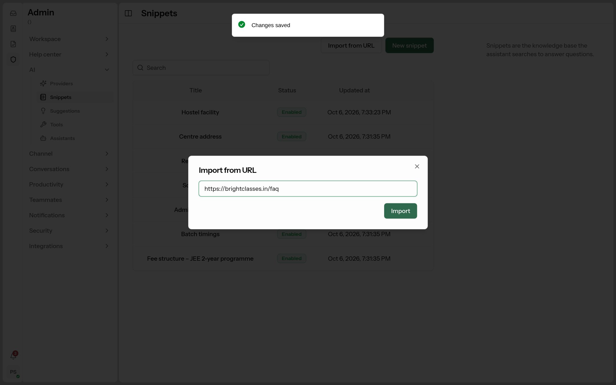 Importing a page as a snippet