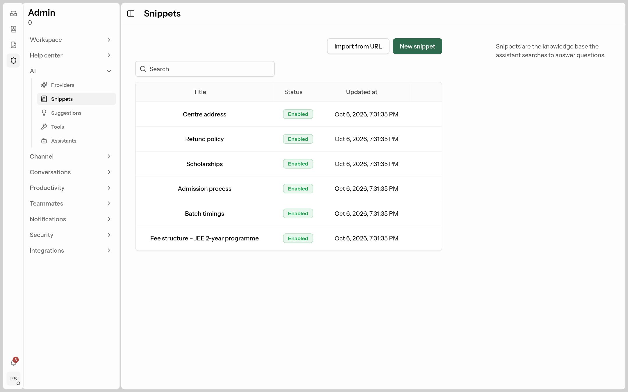The Snippets list