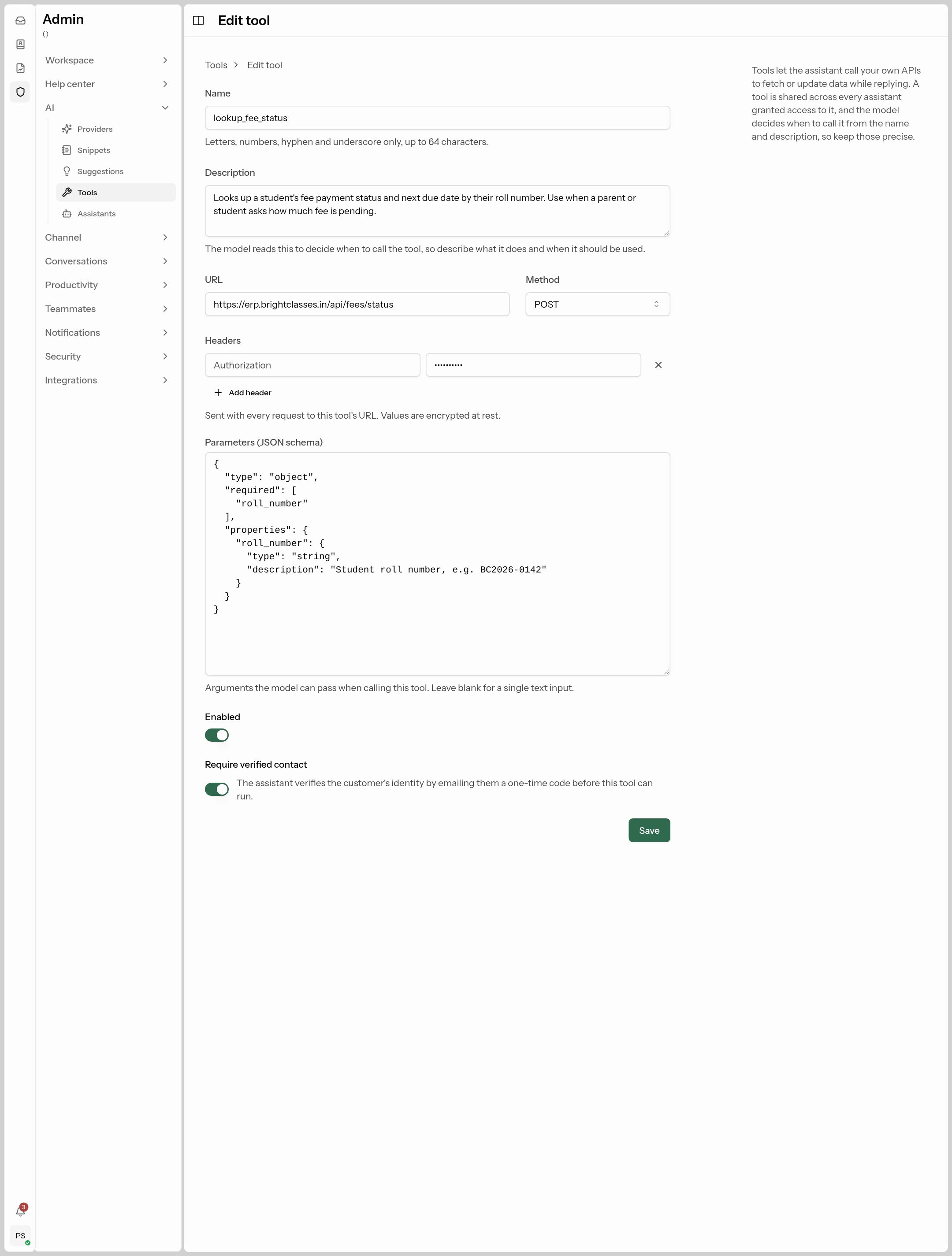 A tool's settings