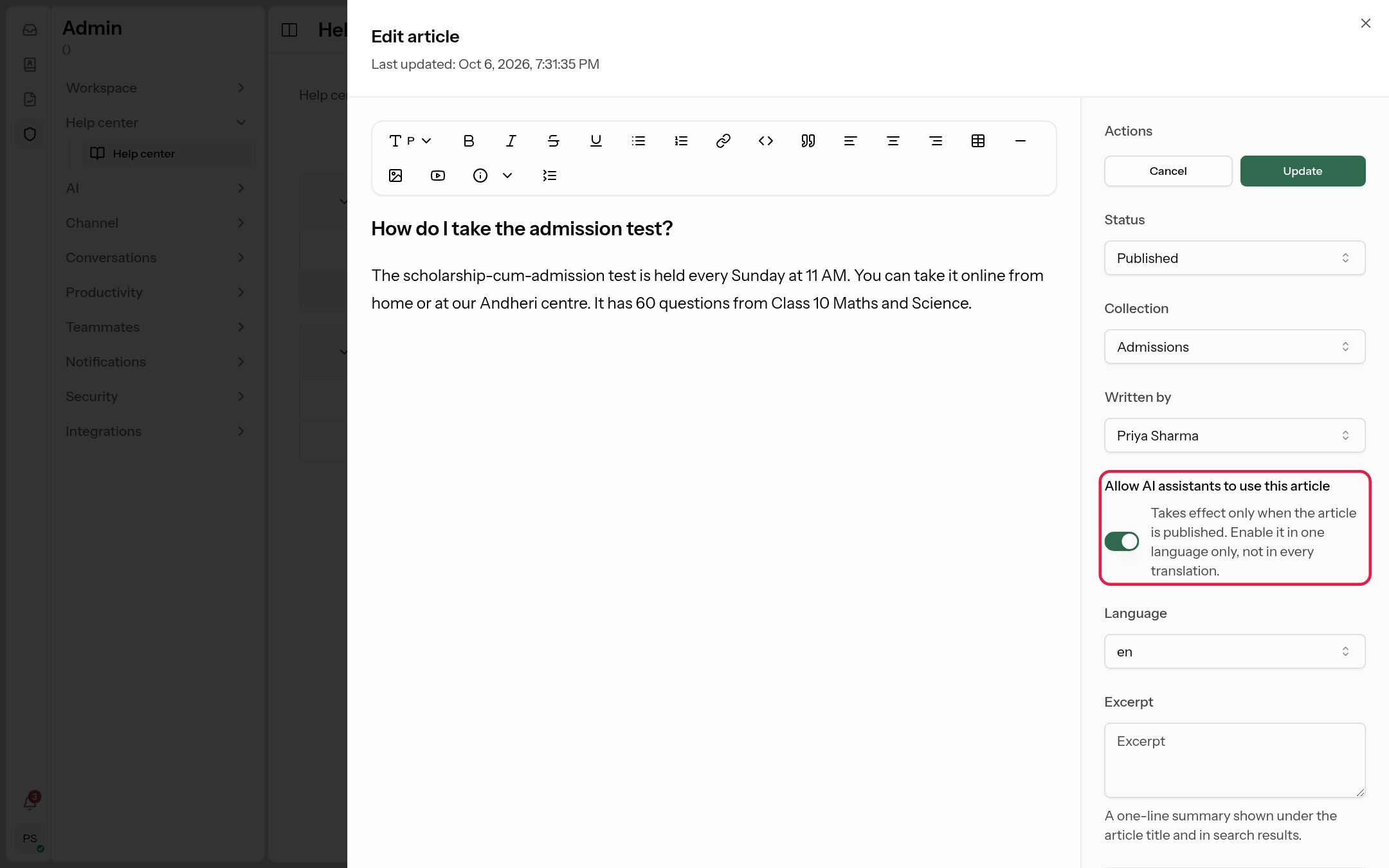 The AI toggle on a help-center article