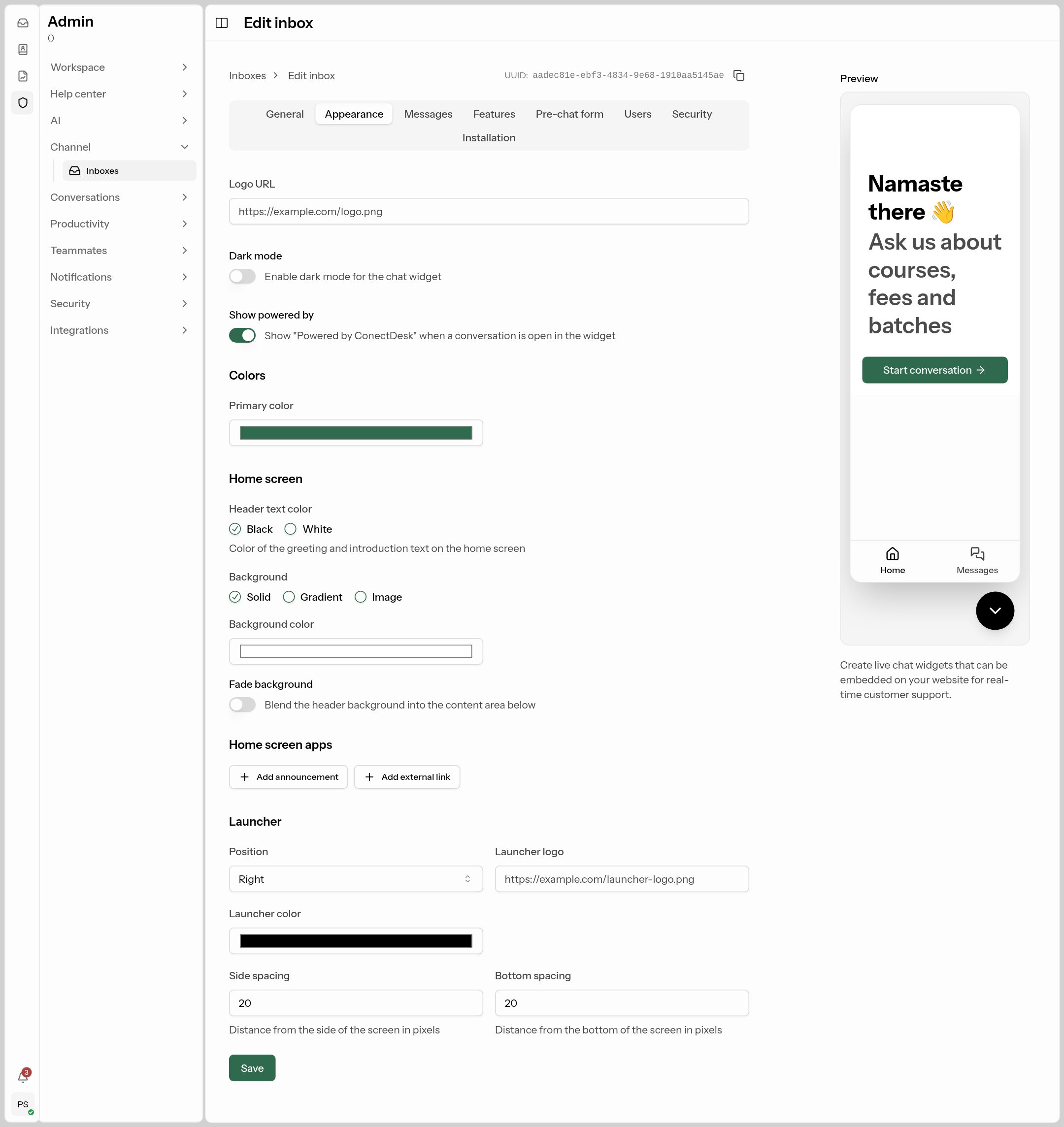 Live chat — Appearance tab