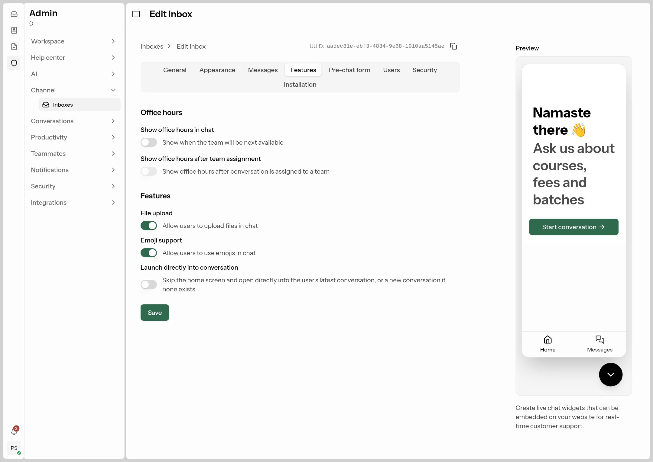 Live chat — Features tab