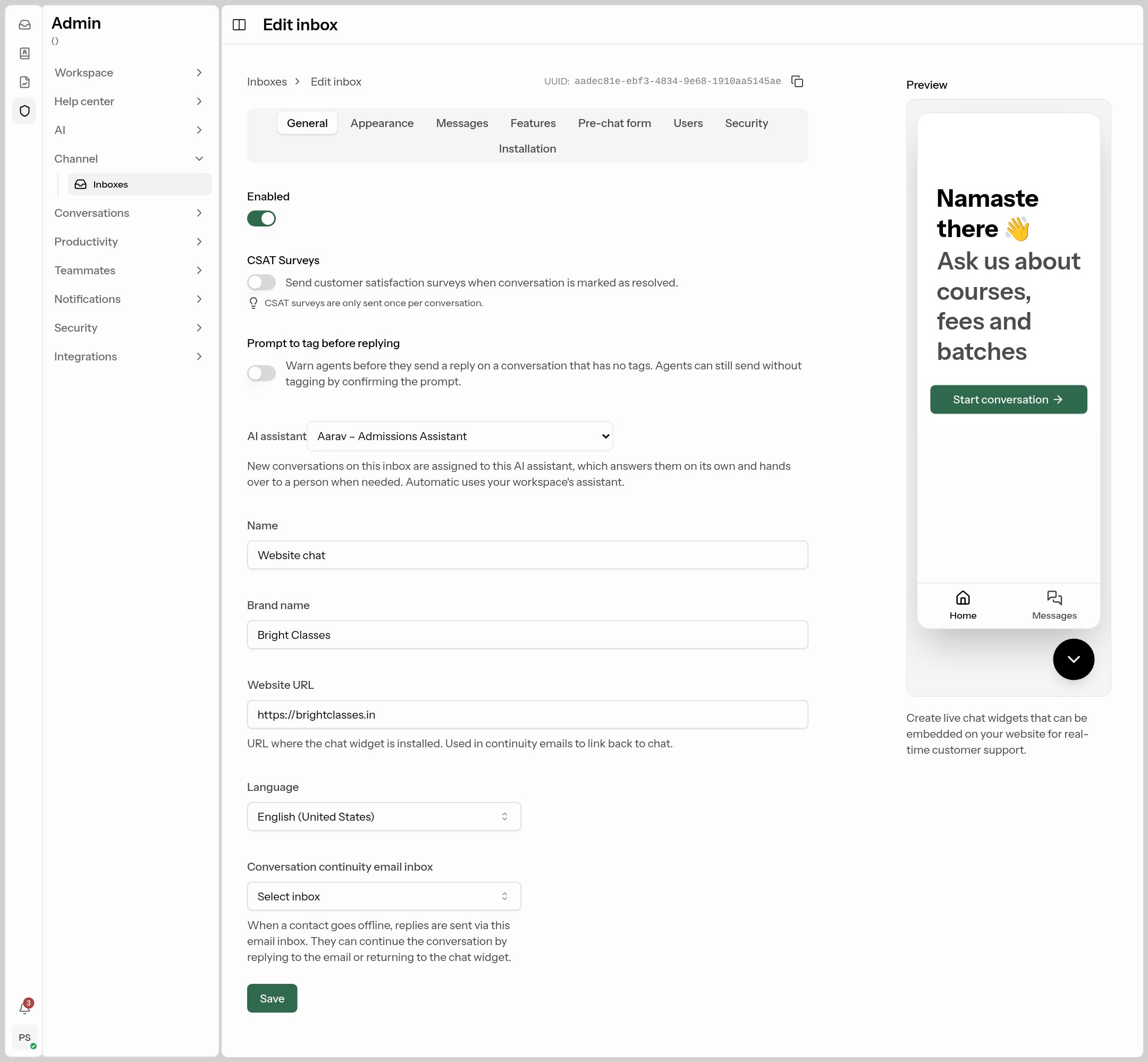 Live chat — General tab