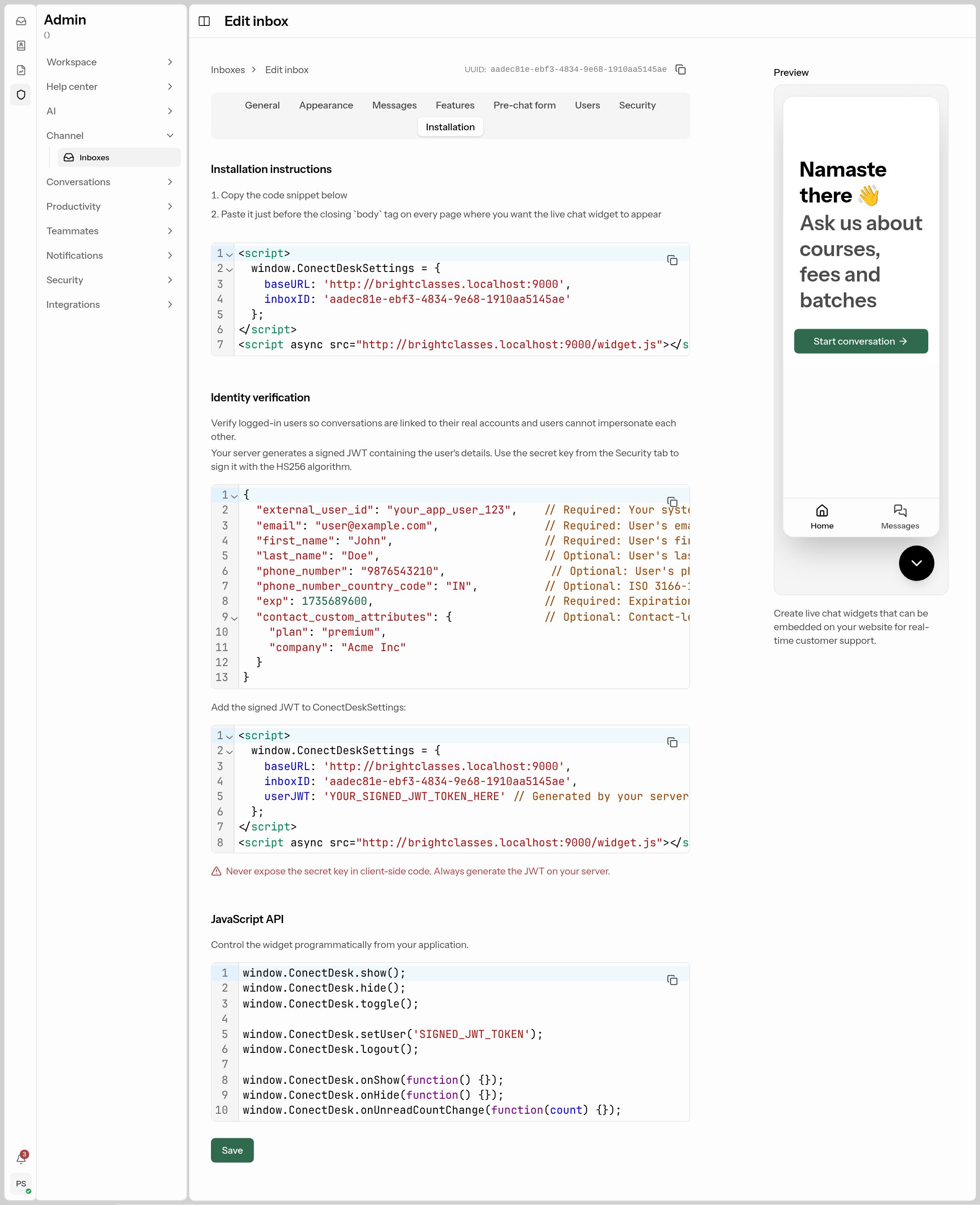 Live chat — Installation tab