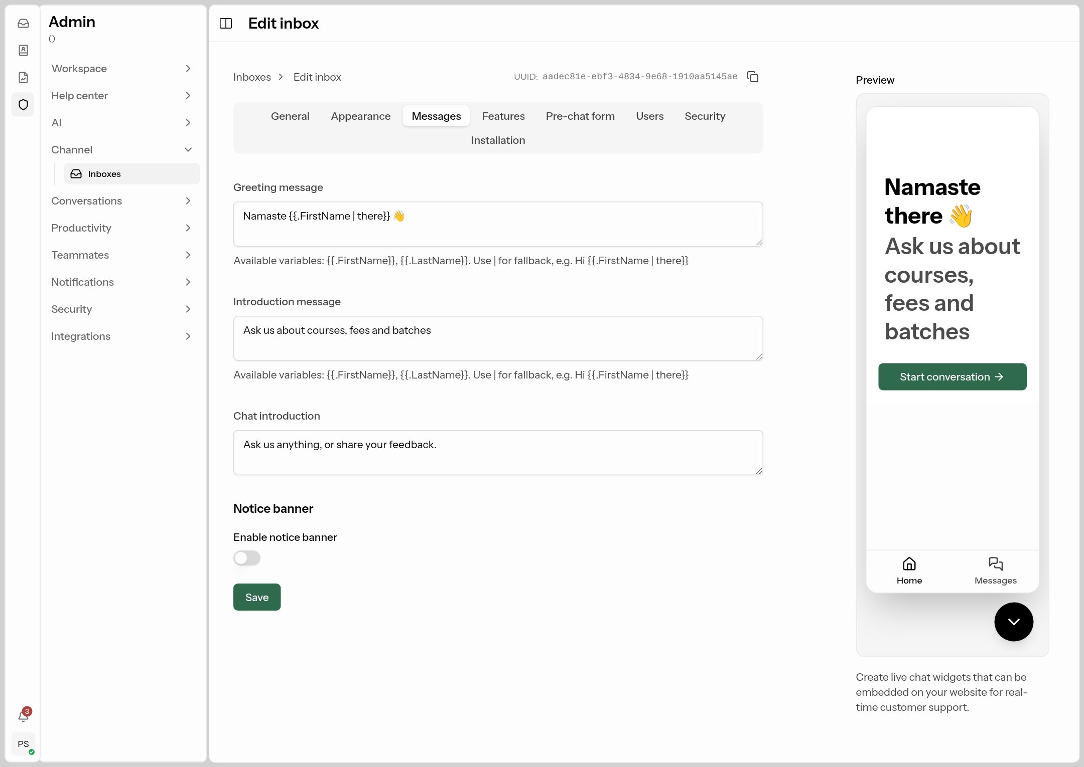 Live chat — Messages tab