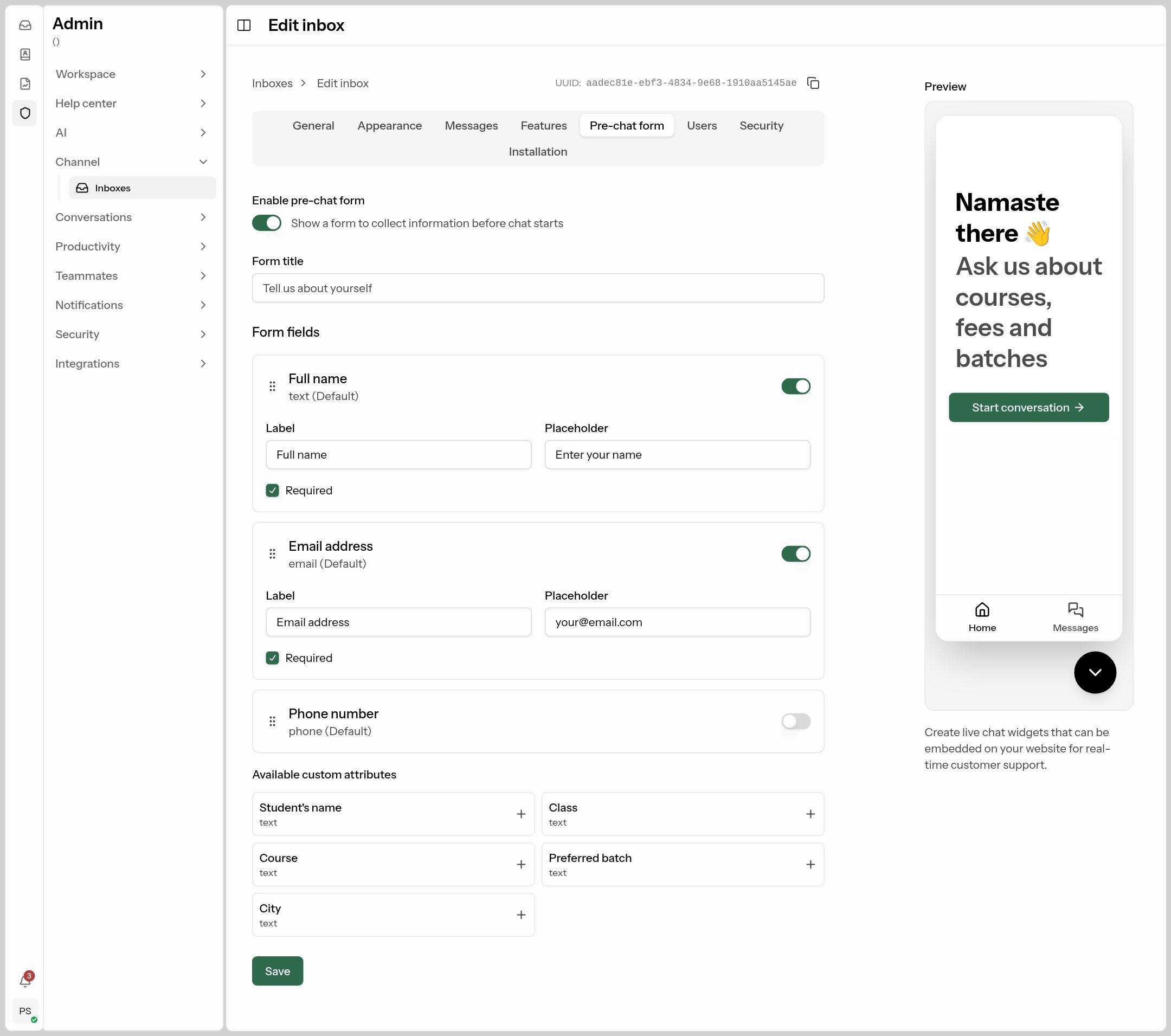 Live chat — Pre-chat form tab