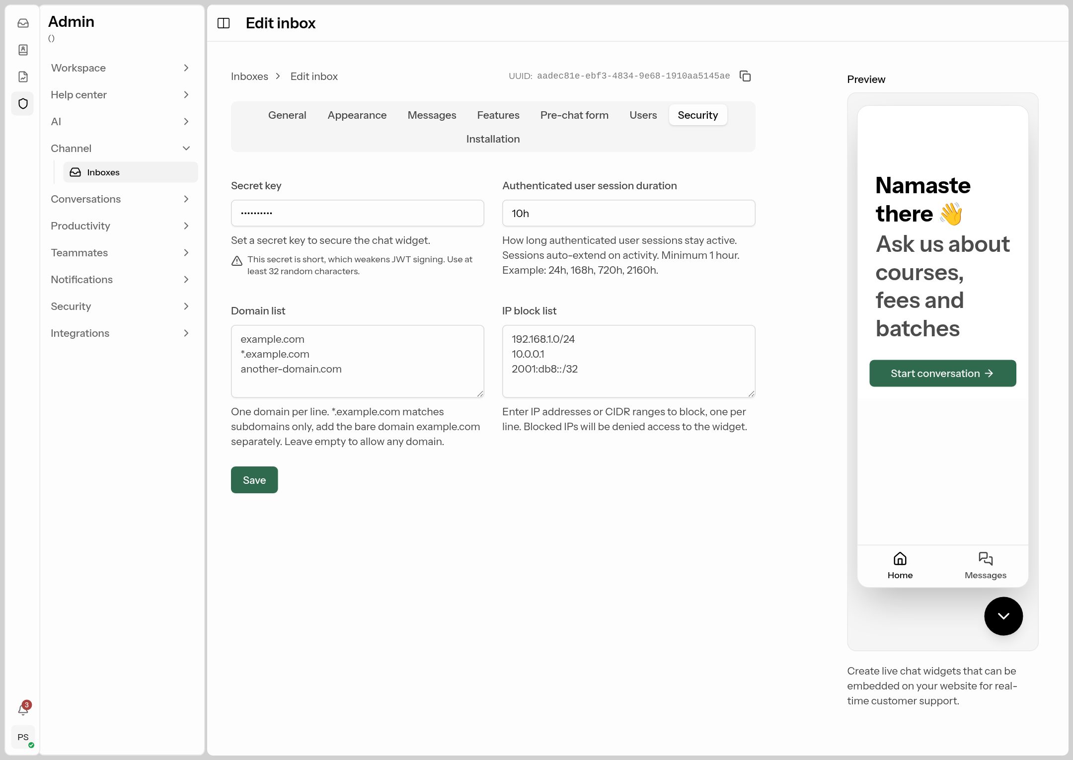 Live chat — Security tab