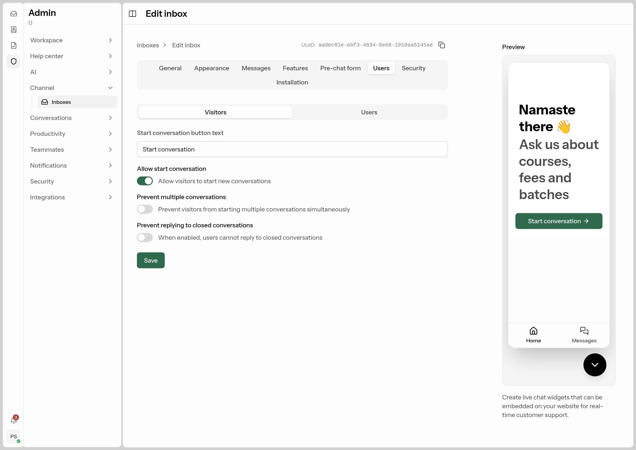 Live chat — Users tab