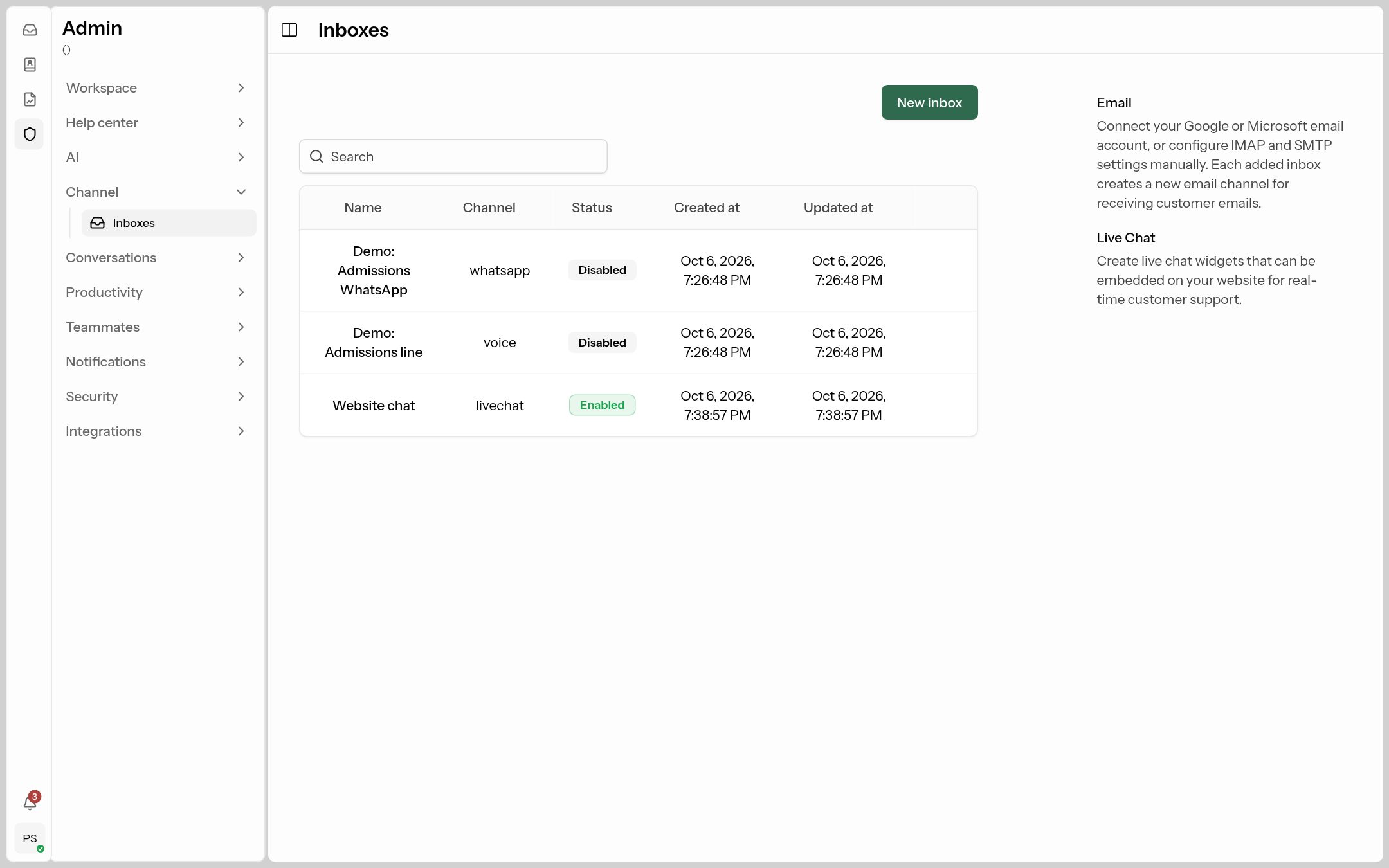 The inboxes list
